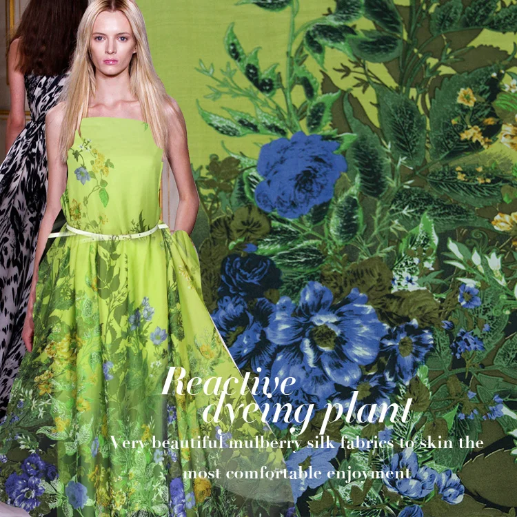 Новинка года шелк Зеленый печатных шифон ткань чистый натуральный шелк тутового шелкопряда ткань