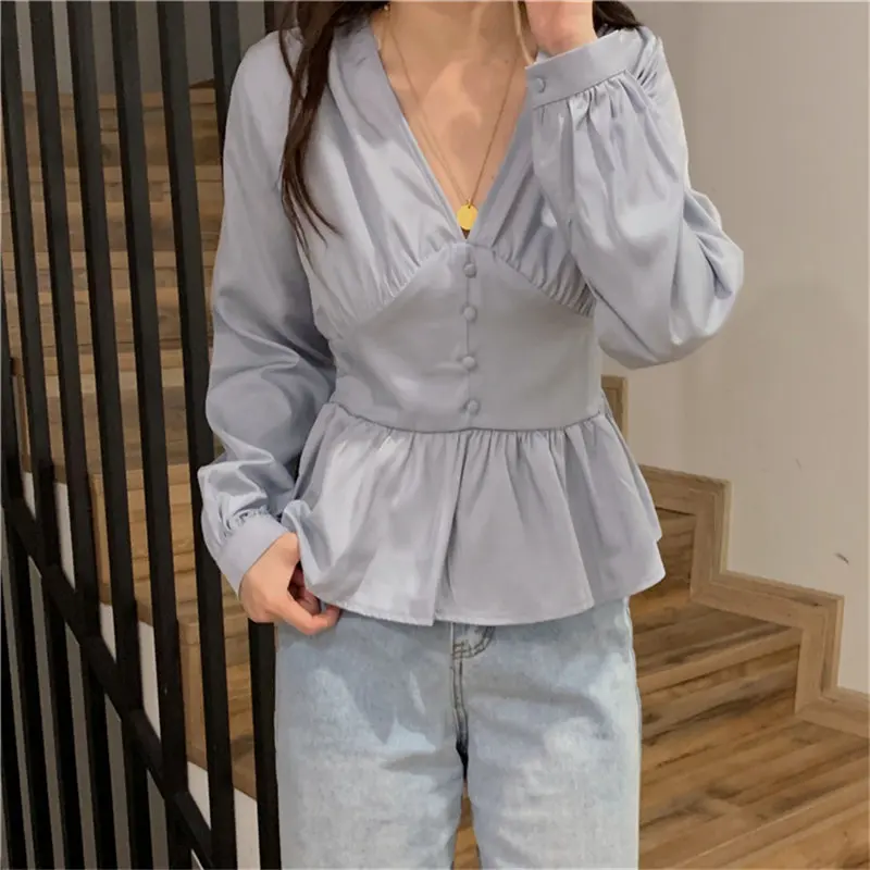 Hzirip كوريا 2019 الصيف الحلو فضفاض عارضة الصلبة الكشكشة الإناث قصر نمط طويلة الأكمام الخامس الرقبة الطازجة الأزياء قمصان 4 ألوان