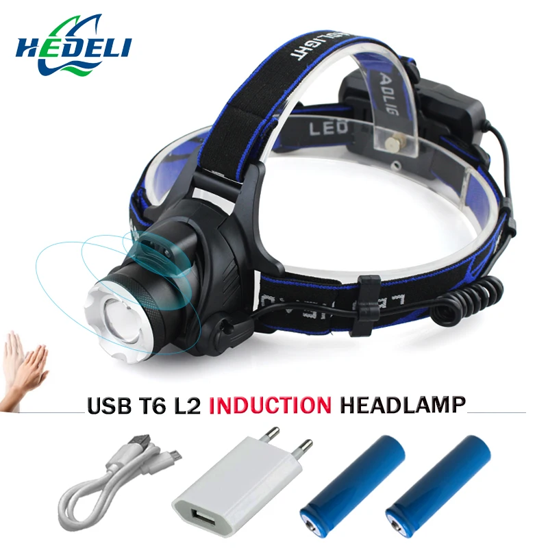 

5000lm Infrared sensor headlights led lighting headlights USB rechargeable bicycle fishing forehead lights 18650cree xml l2 t6