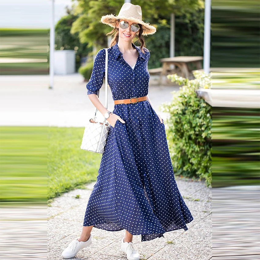 

Casual Print Dot Dresses Women Sexy Deep V-Neck Slim Split Vintage A-Line Shirt Dress Breathable Long Sleeve Beach Dress Ladies