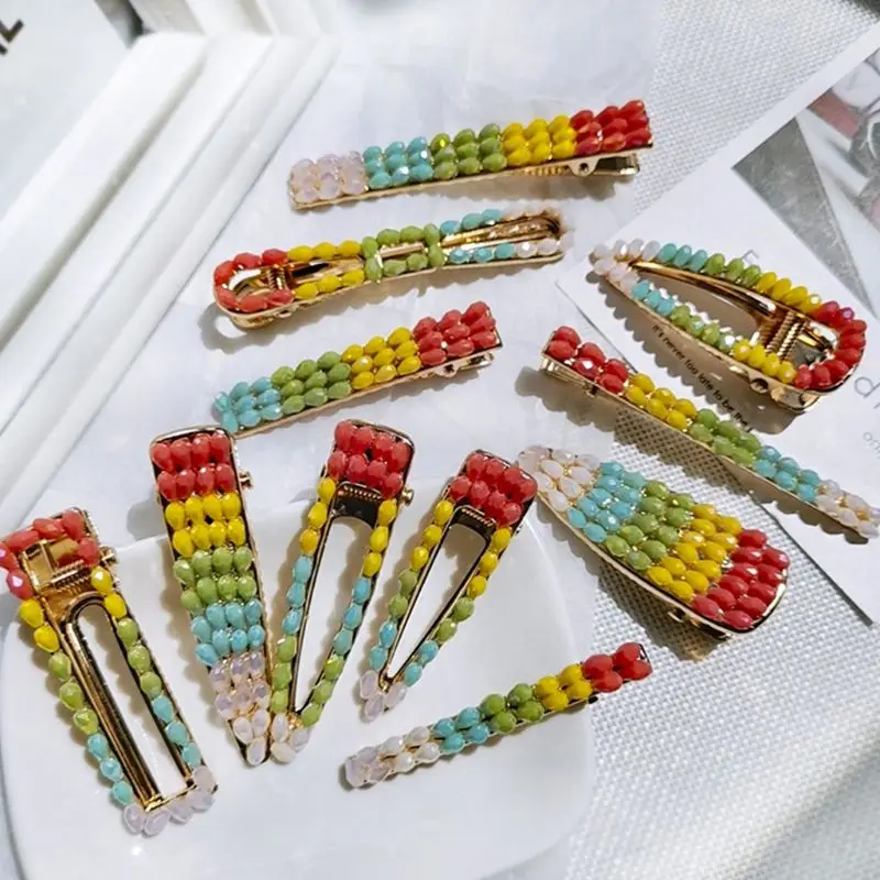 Korean Womens Gradient Rainbow Colored Duckbill Hair Clip Imitation Crystal Water Drop Long Strip Hairpins Side Bangs Barrettes