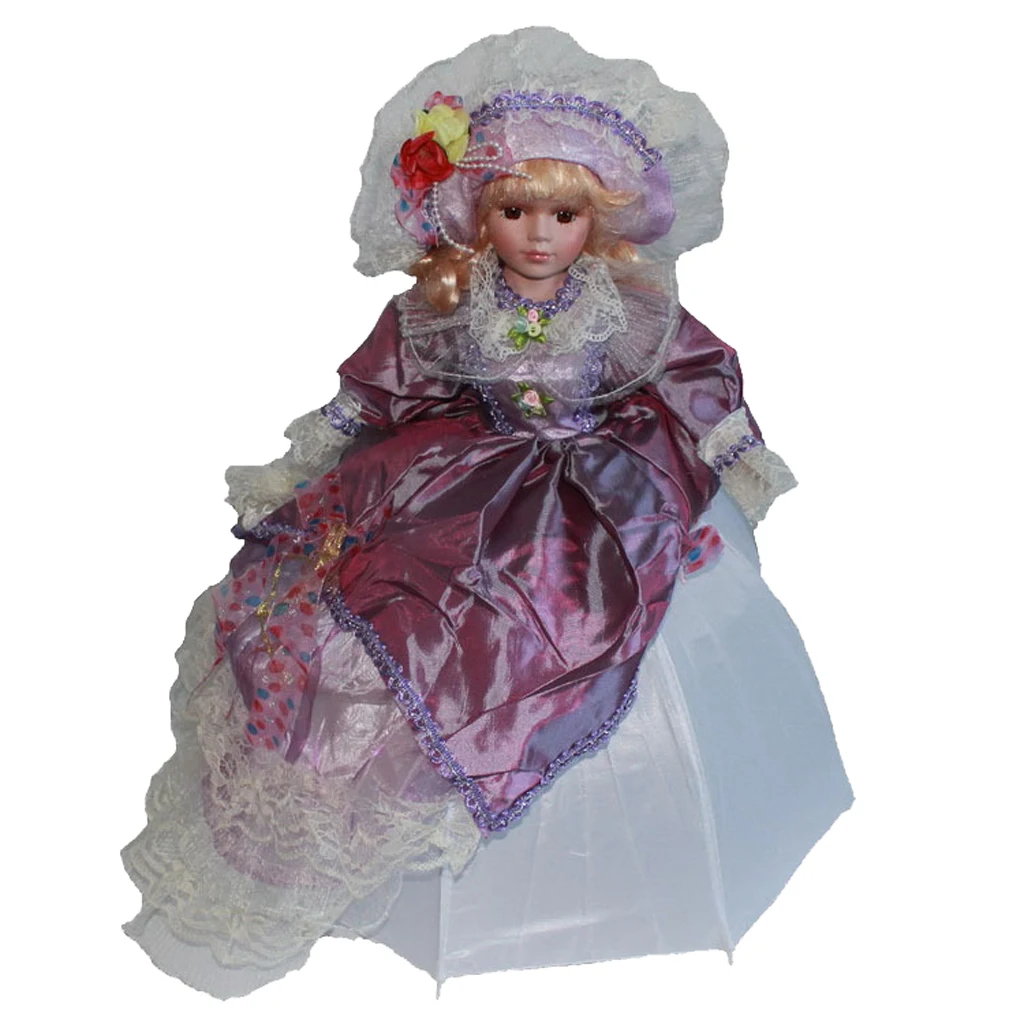

45CM Porcelain Doll Collectible Miniatures Beautiful, Victorian Girl Doll with Hair, Handbag, Hat and Umbrella Lace Gown