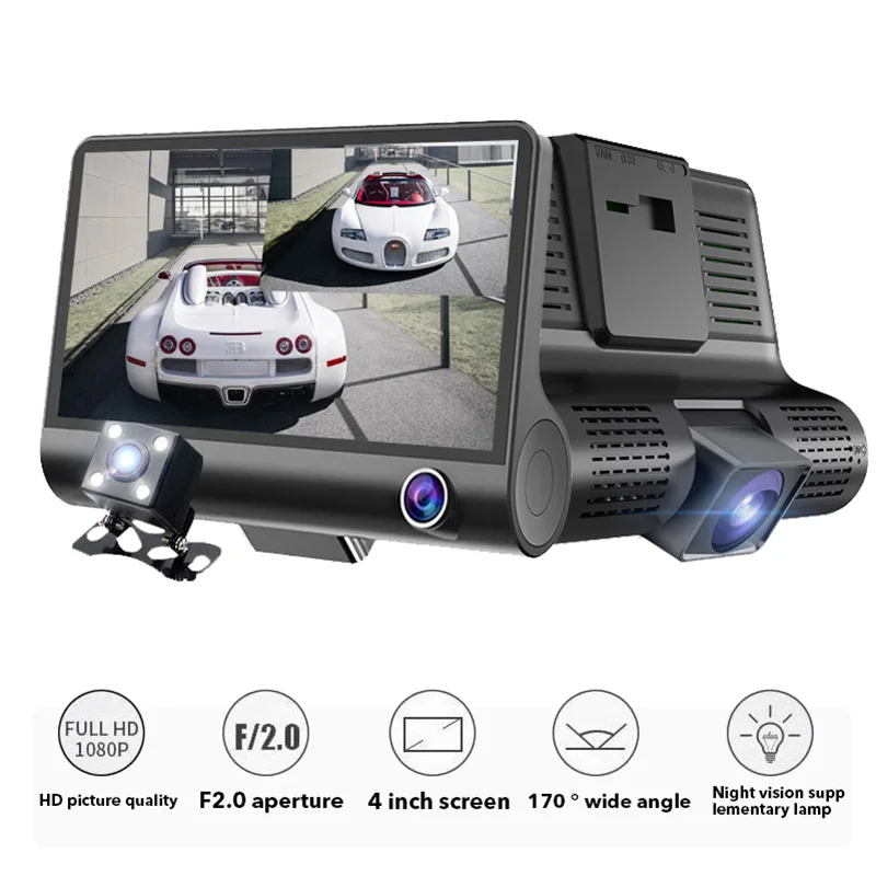TOSPRA Full HD 1080P Автомобильный видеорегистратор с 3 объективами 4,0 дюймов широкоугольная Автомобильная видеорегистратор двойной объектив с камерой заднего вида автоматический Регистратор