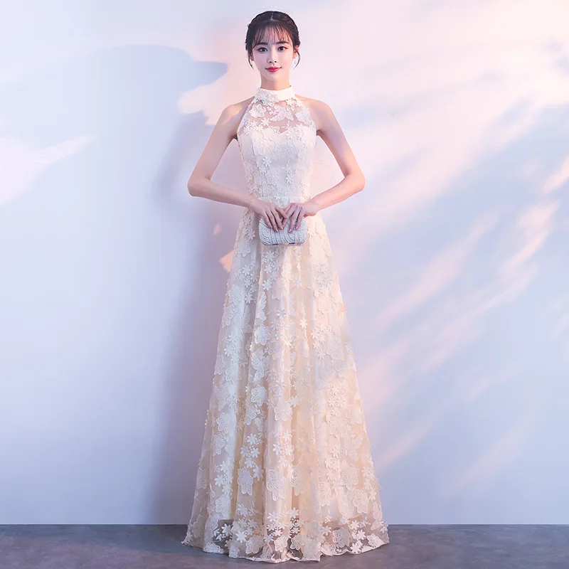 

Novelty Chinese Women Full Length Halter Cheongsam Elegant Lace Bridesmaid Wedding Party Dress Oversize XXXL Improved Qipao