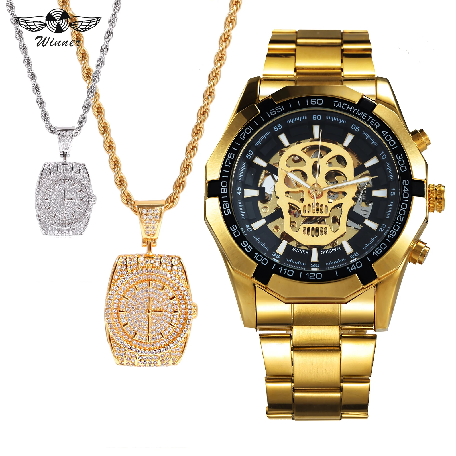 

WINNER HIP HOP Punk Skull Watch Men Auto Mechanical Wristwatch Jewelry Set + Crystal Iced Out Necklace for Man
