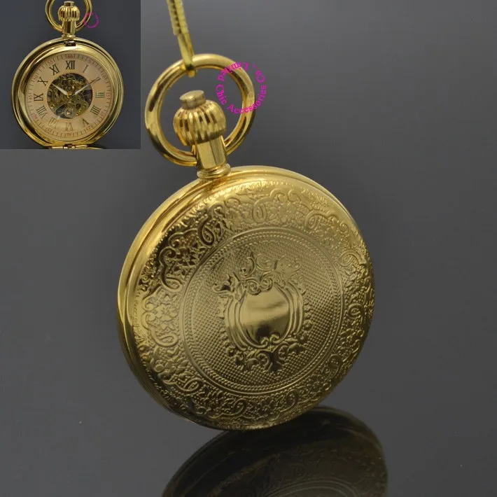 Для мужчин механические карманные часы Роман Классический брелок Часы щит Дизайн Ретро Винтаж золото ipg покрытие Медь латунный корпус змея