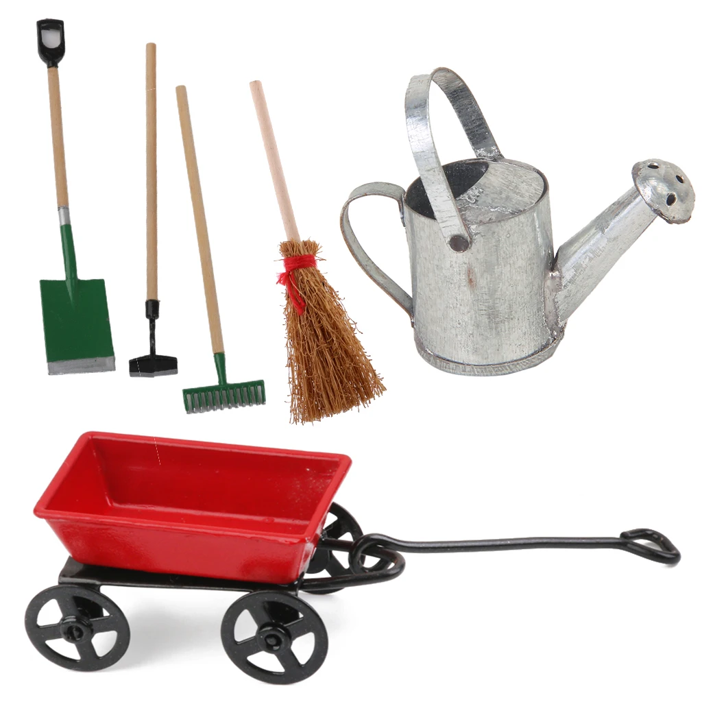1/12 Dollhouse Miniature Red Metal Pulling Cart & Garden Tools Kids Garden DIY Accessories Tools Set
