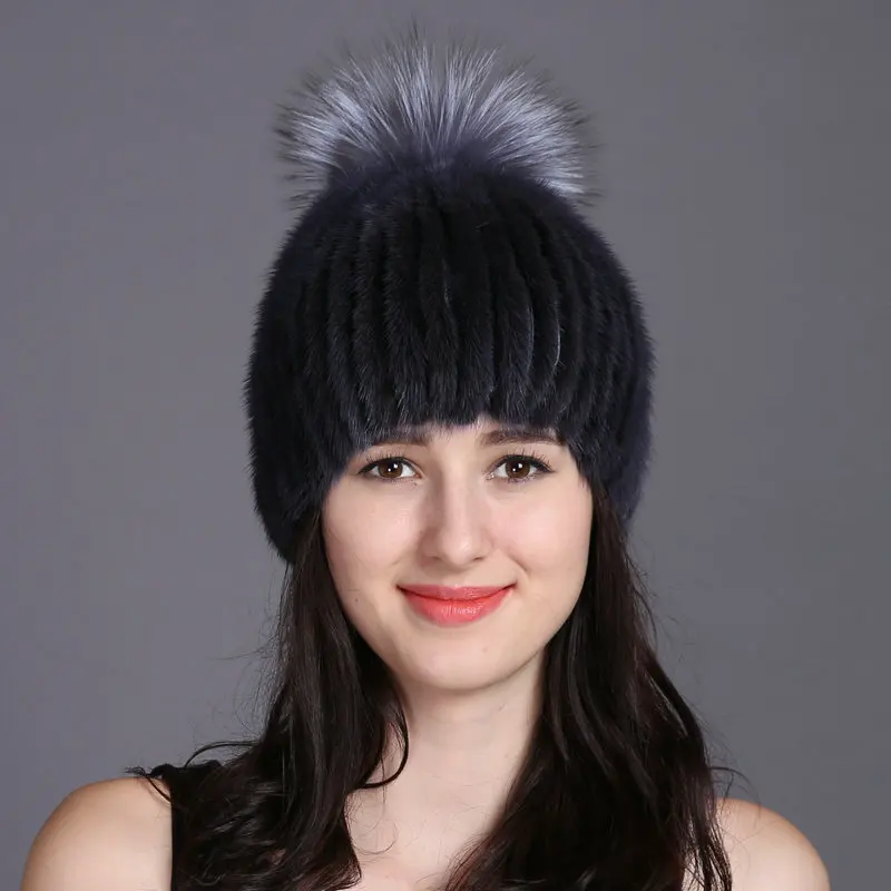 

2015 New Style Real Knitted Mink Fur Hat Fashion Natural Mink Fur Thick Beanie Women Winter Warm  Real Fur Cap
