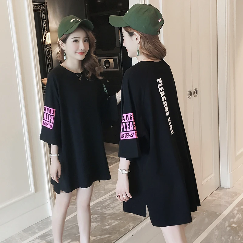 

#4911 Summer Long Black Loose Short Sleeve T Shirt Women Harajuku Irregular Hemline High Street Hip Hop Tee Shirt Plus Size