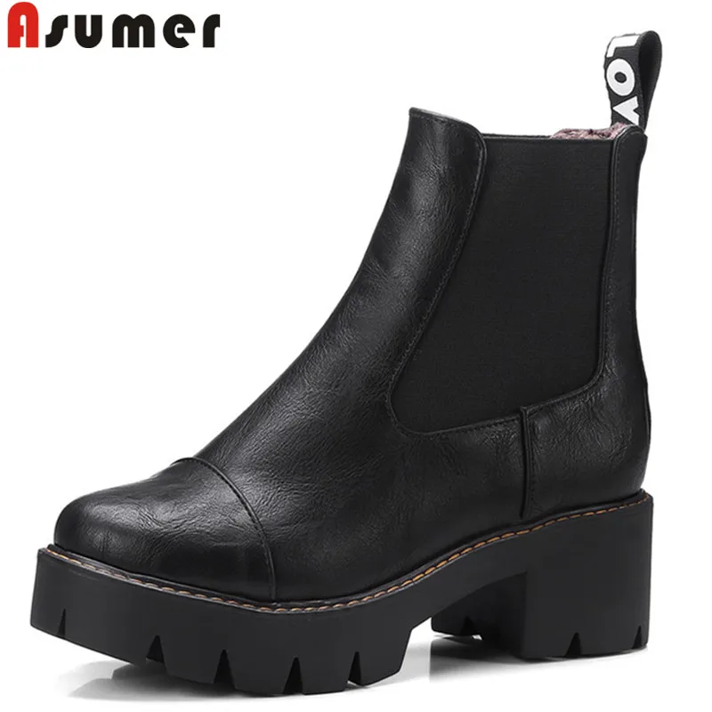 Женские ботильоны на платформе ASUMER с круглым носком высоком квадратном каблуке