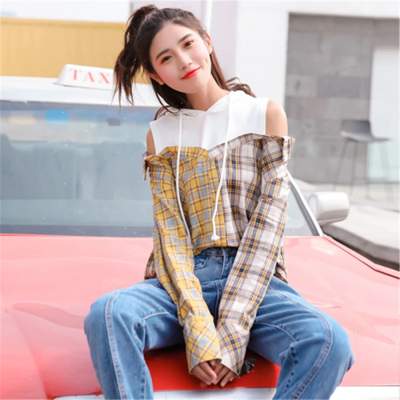 

OllyMurs 2019 New Off Shoulder Women Plaid Shirt Long Sleeve Hooded Tee Shirts Blusa Ladies Casual Tops Elegant Loose Blouses