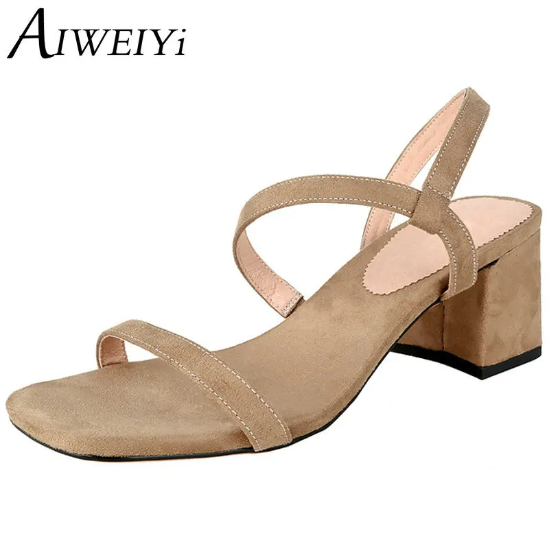 

AIWEIYi Woman Shoes Square High Heel Genuine leather Sandals Slingback Buckle Strap Women Pumps Ladies Wedding Shoes Size 34-43