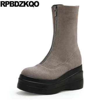 

Harajuku Fur High Heel Shoes Gray Women Stretch Platform Wedge Rock Muffin Flatform Round Toe Gothic Boots Punk Suede Mid Calf