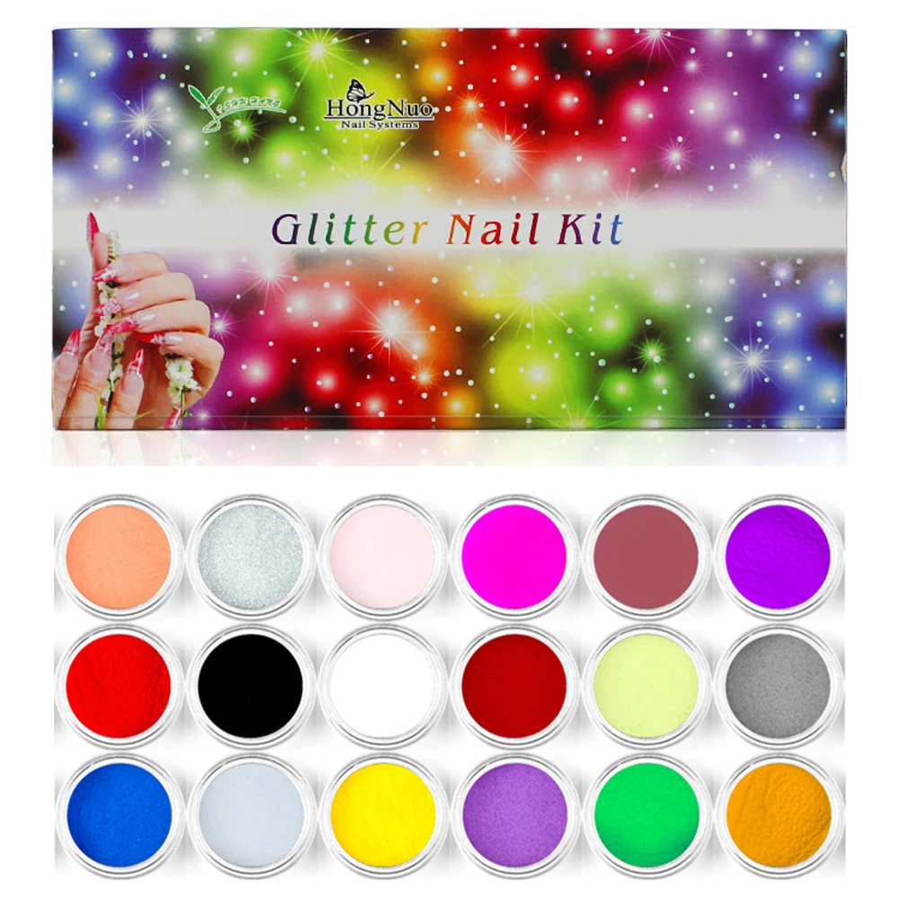 

18 Colors/lot Manicure Acrylic PowderUV Nail Art Polymer Builder Carving Pattern Decoration Powder Kit