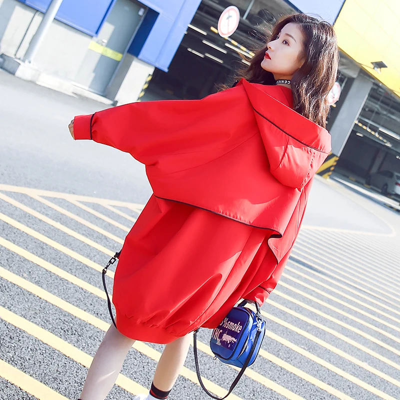 Jeunes Manteau Rouge Printemps Marque Veste Long Lâche Style Lady Nouveau Occasionnel Avec Fashion Capuche 2017 Femmes x4Awq078x
