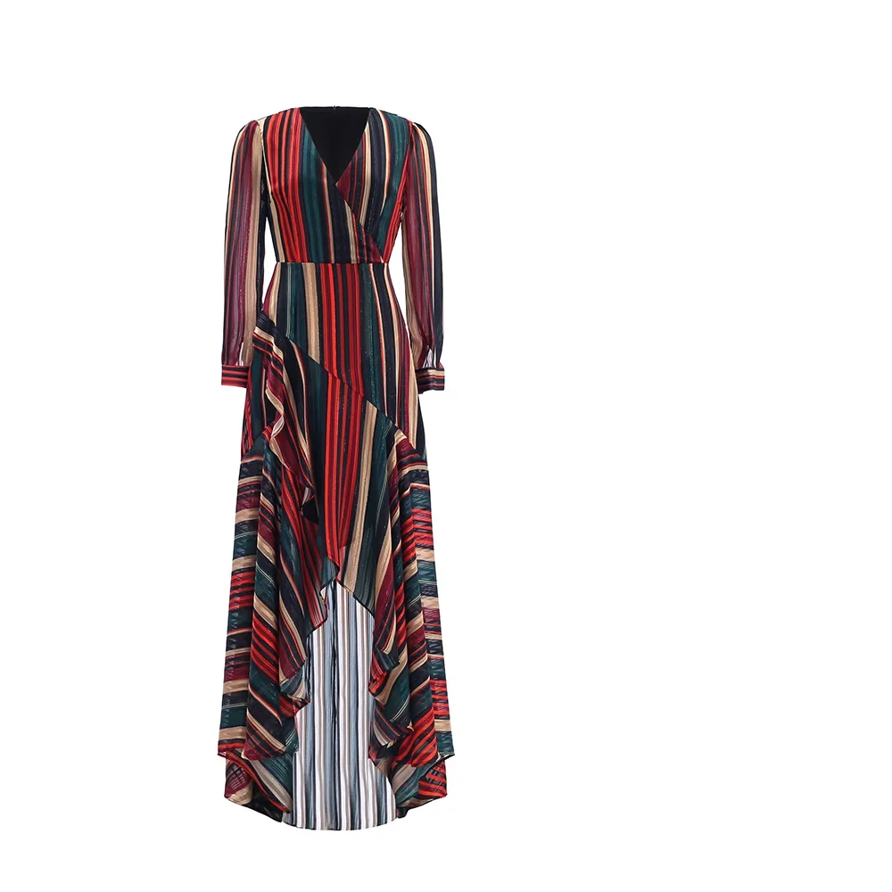 2018 Autumn Casual Long Dress Women V-Neck Cute Rainbow Color Striped Print Asymmetrical Long Sleeve Maxi Dress Lady Streetwear Dresses
