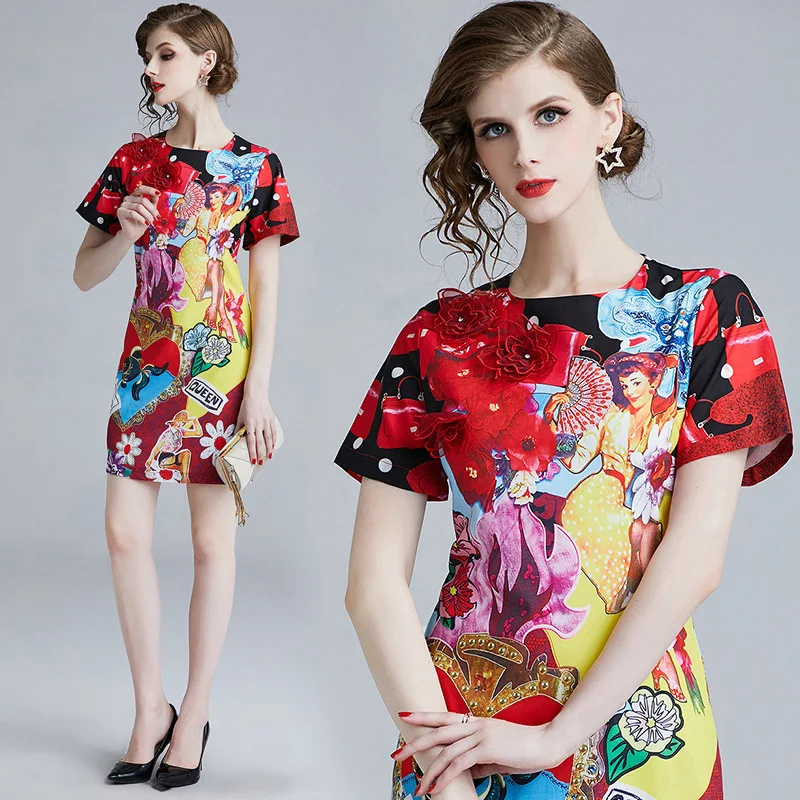 M-XXL spring summer woman dress 3d red flower applique shoulder yellow blue red cartoon pattern print cute sweet mini dress