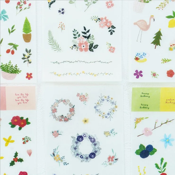 6 Sheets/pack Washi Paper Flowers Flamingo Animals Adhesive Stickers Decorative Album Diary Stick Label afbeelding