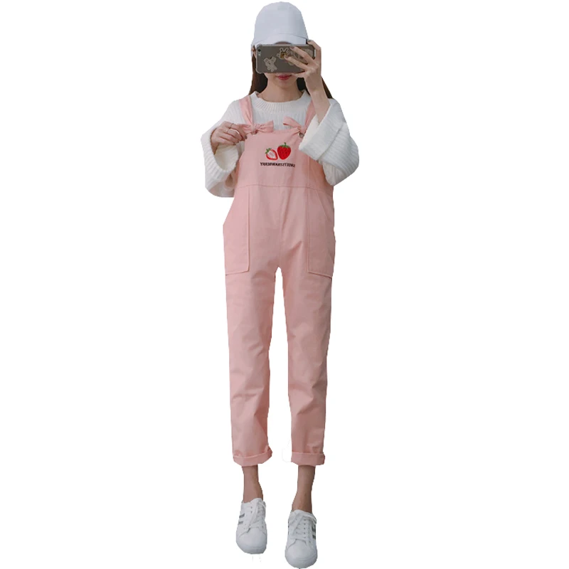 

2019 New Summer Jumpsuit Women's College Wind Cute Strawberry Embroidered Rompers Loose Harajuku Sweet Candy Color Bib Pants
