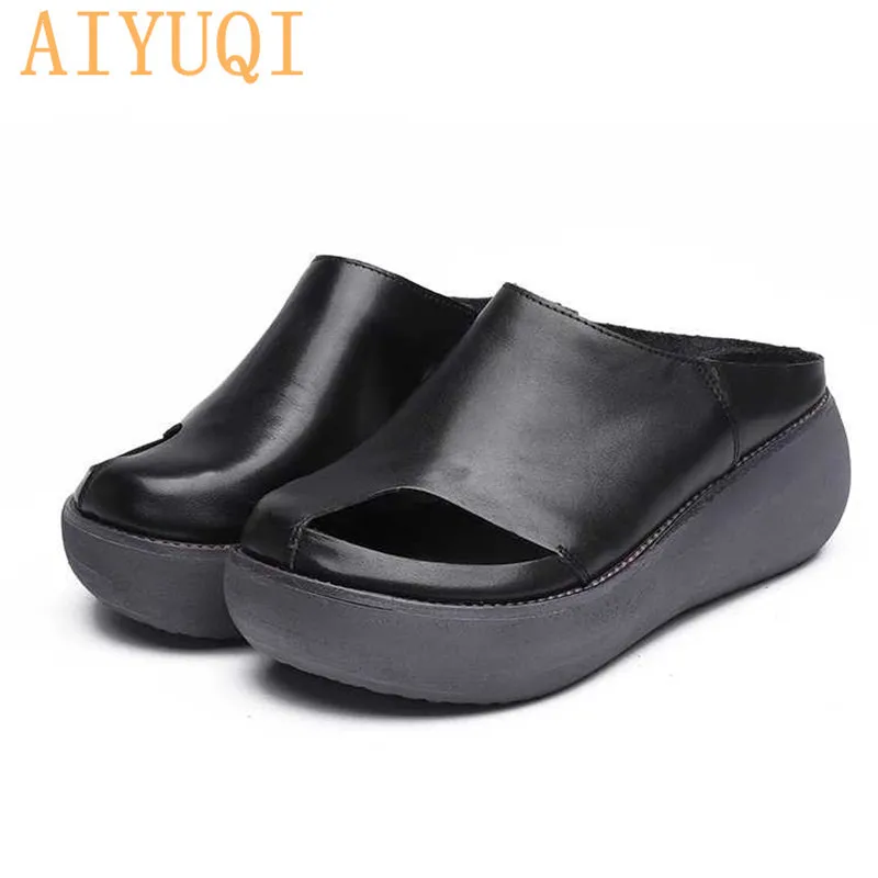 

AIYUQI Women's Slippers 2019 Summer genuine Leather Retro woman flip flops,shoes casual platform women's outdoor slippers