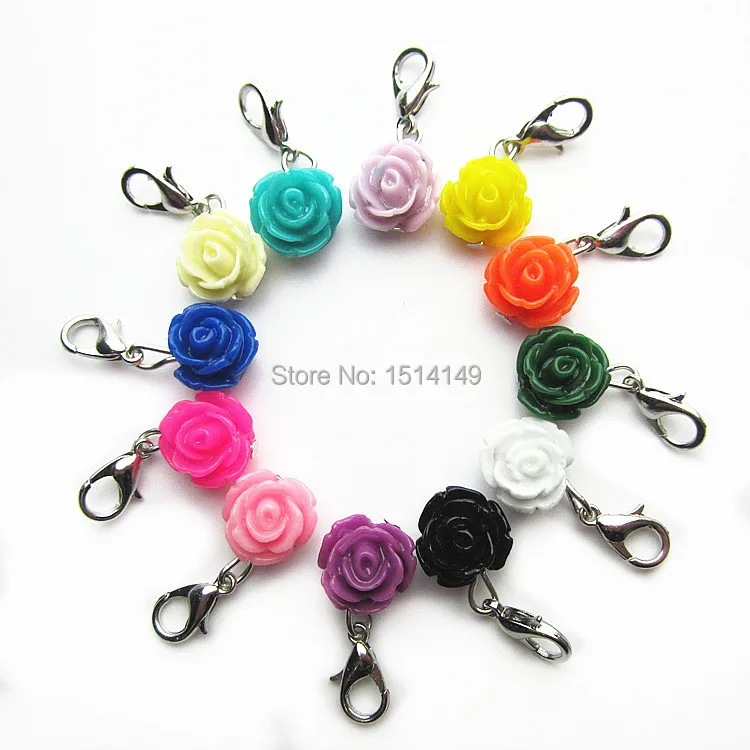 

24pcs mix 12 color rose flower dangle charms hanging lobster clasp charms for floating lockets Diy jewelry accessory