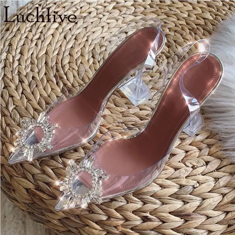 7cm heel Прозрачные босоножки с острым носком, украшенные камнями, женские прозрачные босоножки на высоком тонком каблуке, пикантная обувь для вечеринок без шнуровки, лидер продаж, Sandalias Mujer - Цвет: 7cm heel