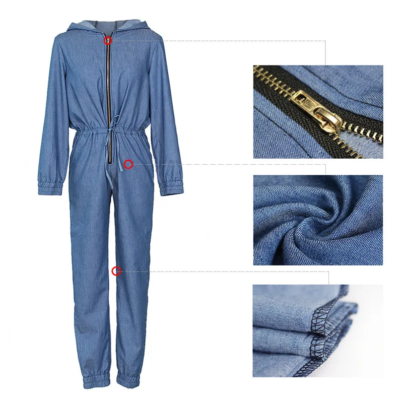Для женщин с капюшоном Повседневное джинсовый комбинезон пикантные передняя молния с длинным рукавом синие джинсы комбинезон женские