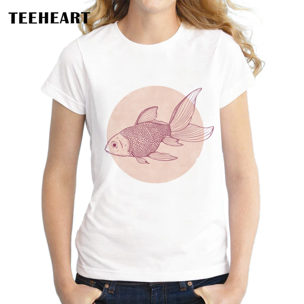 Teeheart Новинка 2017 года женские футболки розовый Карп творческий с принтом короткий