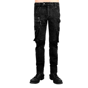 

Punk Wash Water Do Old Man Black Cotton Pants Steampunk Autumn Winter Daily Trousers with Two Bags