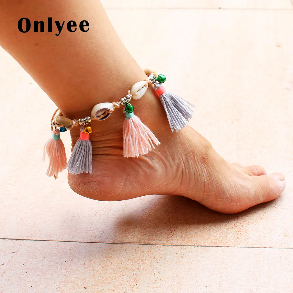 

Onlyee Boho Shell Anklets With Bell Charms Handmade Ethnic Tassel Adjustable Foot Chain Bracelets Summer Beach Vintge Girl Gift