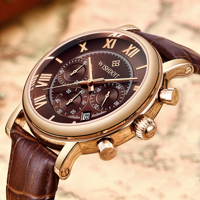 WISHDOIT Mens Watches Top Brand Waterproof Sports Watch Automatic Date Mens Casual Brown Leather Quartz Clock