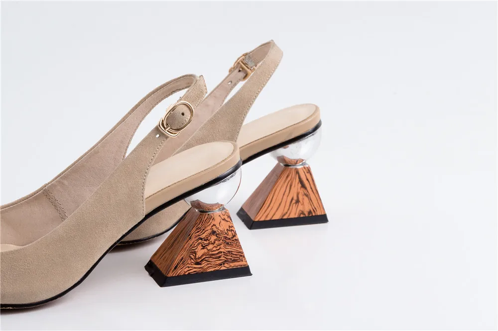 Prova Perfetto слинбэки женские деревянные зерна треугольник высокие каблуки работы Офисная Женская обувь с открытым носком черный абрикосовый необычный каблук Сандалии