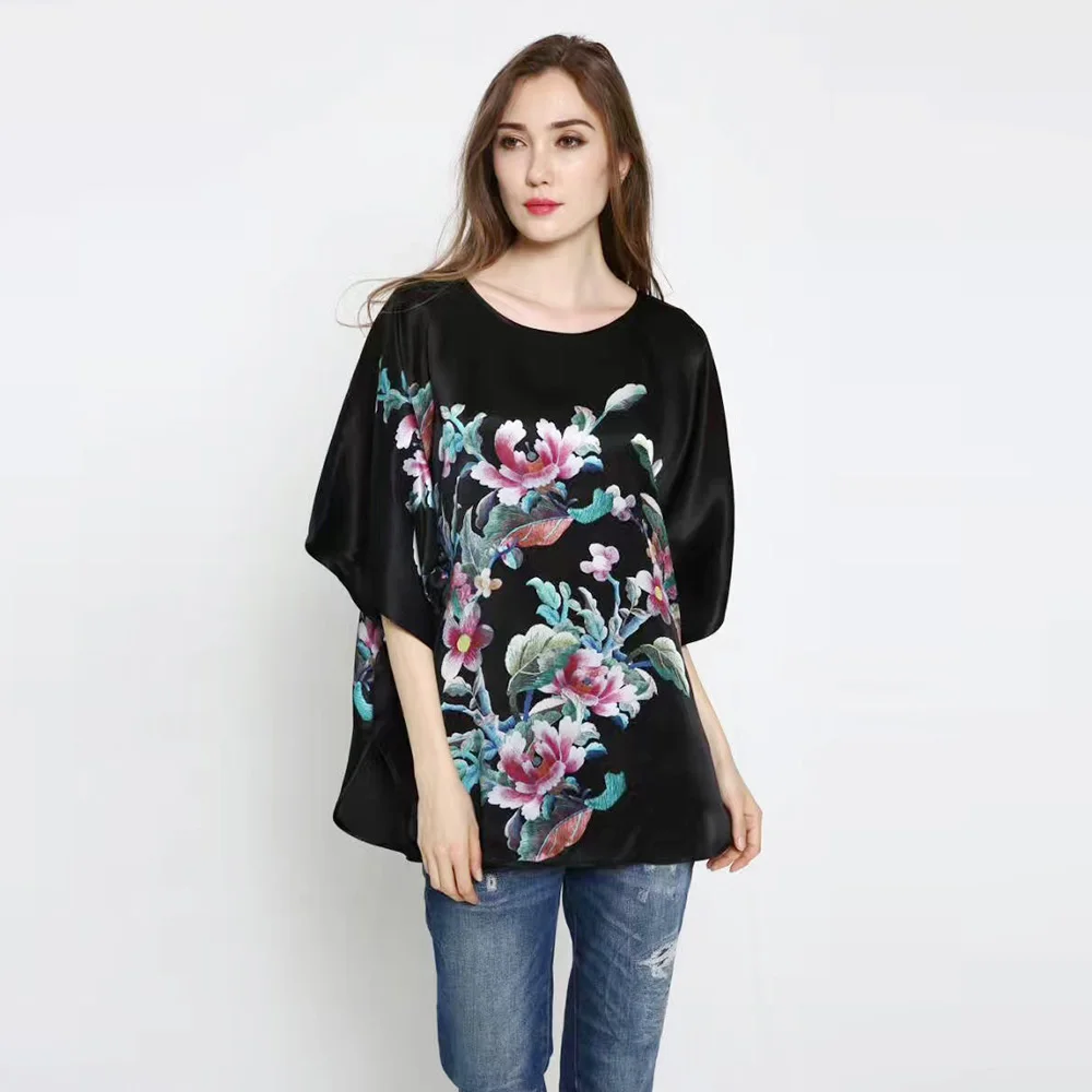 100% Silk Natural Mulberry Silk Satin Fabric Shiny Tees Famous Brand Flower Painting New Desigual Feminine Blouse versace shirt