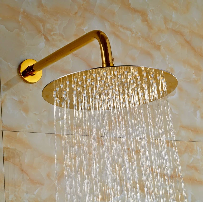 Rainfall Round Shower Sprayer +Shower Arm Golden Polish Bath Shower Fittingsin Shower Heads