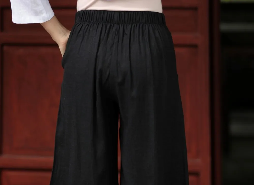 Шанхай история женские льняные китайские традиционные брюки эластичный пояс широкие брюки капри 3 цвета