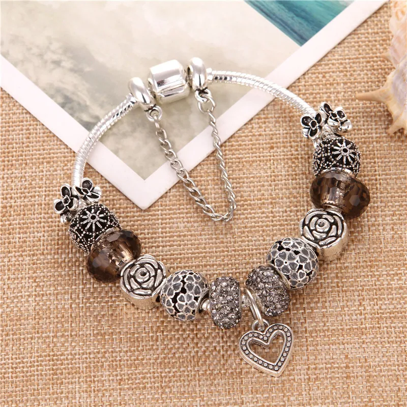 

2019 Retro fashion Heart Pendant Gray Crystal Zircon Charms DIY Fashion Cute Elegant Pan Bracelets & Bangles For Women Gift