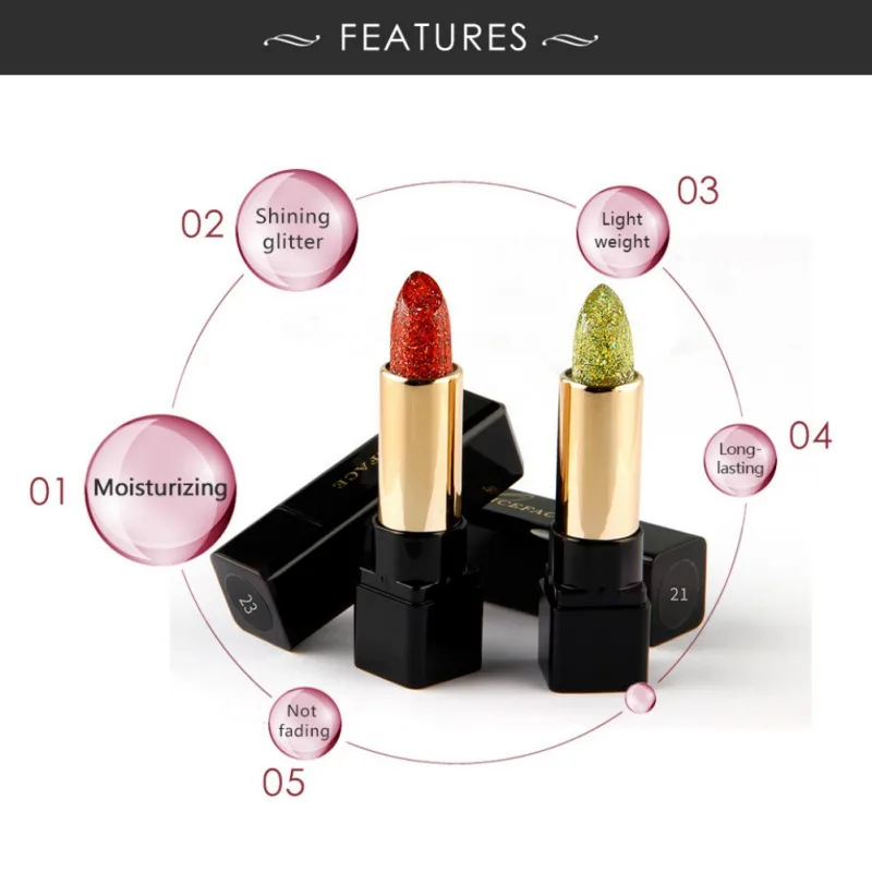 Diamond Temperature- Changed Lipstick Glitter Waterproof Shiny Moisturizer Long Lasting Lip Stick Beauty Cosmetic