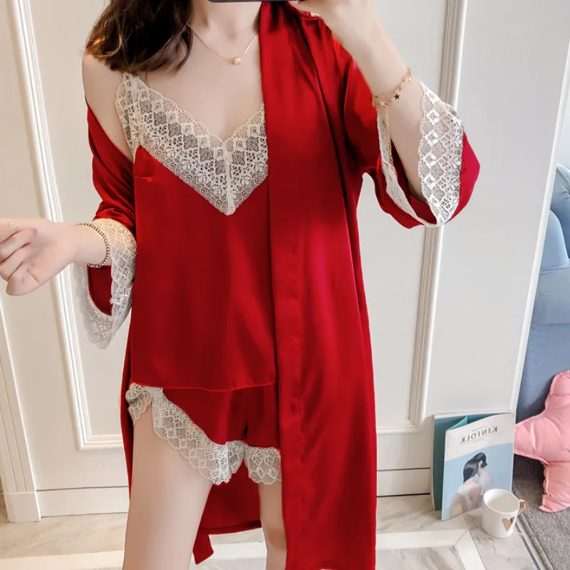 Комплект из 3 предметов, летняя мужская пижама, комплект домашней одежды, женское сексуальное платье, ночная рубашка, бандаж, кружевной Шелковый пижамный комплект, ночное белье - Цвет: Красный