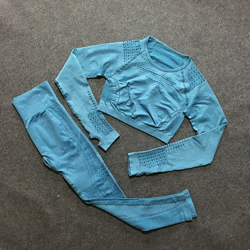 Buy 2 pieces gym set workout clothes for women flawless knit long sleeve compression crop top + seamless leggings yoga 2 piece set