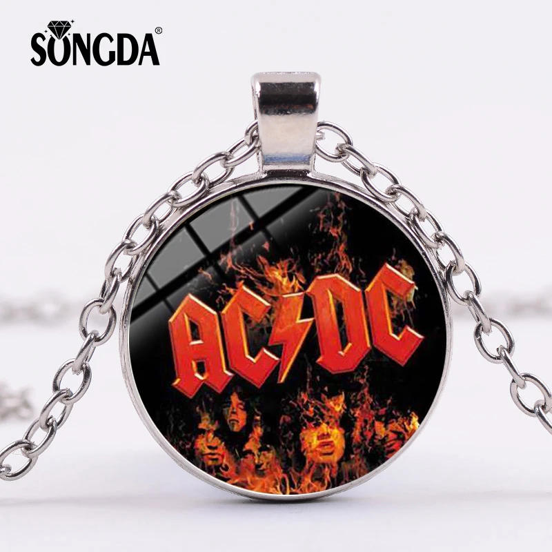 

SONGDA Popular Rock Band AC/DC Red Sign Necklace Rock and Roll ACDC Silver Color Glass Dome Pendant Choker Jewelry Music Lovers