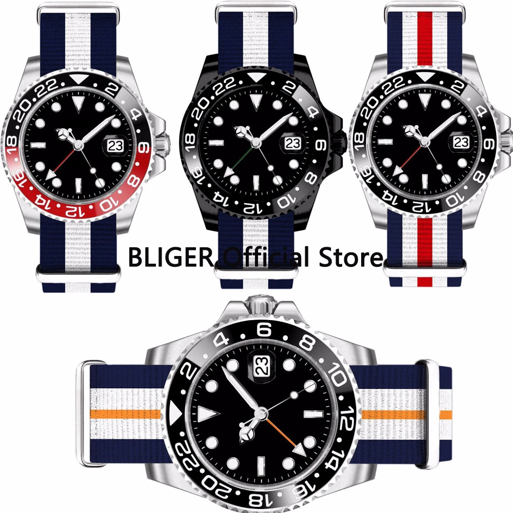 

40mm Black No Logo Dial Men's Wrist Watch Sapphire Crystal Sport GMT Function Automatic Movement Nylon Strap Luminous