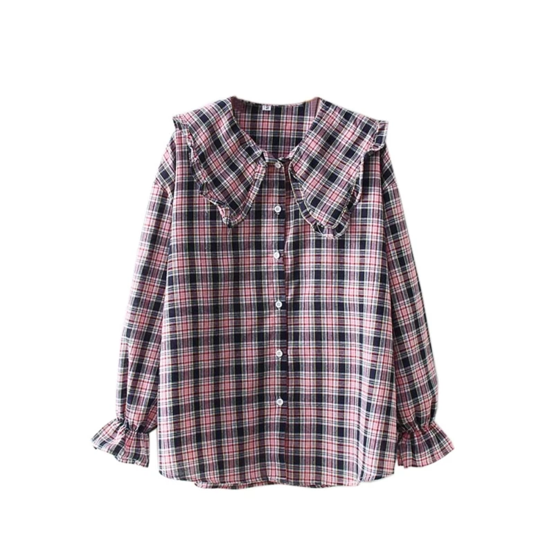 

2019 Spring Women Plaid Women Tops And Blouses Casual Long Sleeve Tops Ladies Vintage Loose Doll Collar Trumpet Sleeve Shirt