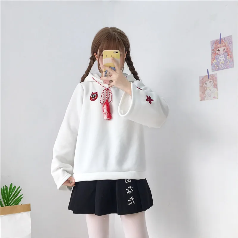  Japanese New Kawaii Embroidery Anime Women Hoodies Mori Girl Tassel Lazy Plus Velvet Long Sleeves C