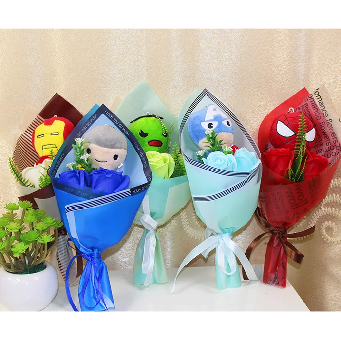 

New ! New Super Hero The Avengers with soap flower cartoon bouquets Spiderman Captain America Hulk Iron Man gifts for Valentine'