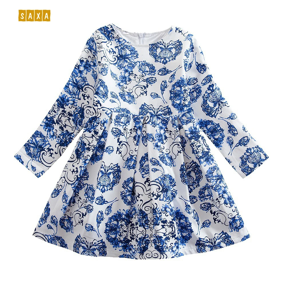 

Girl Dresses 2018 cotton children clothes fashion flower pattern blue print Tutu Flower Dresses girl long sleeves dress