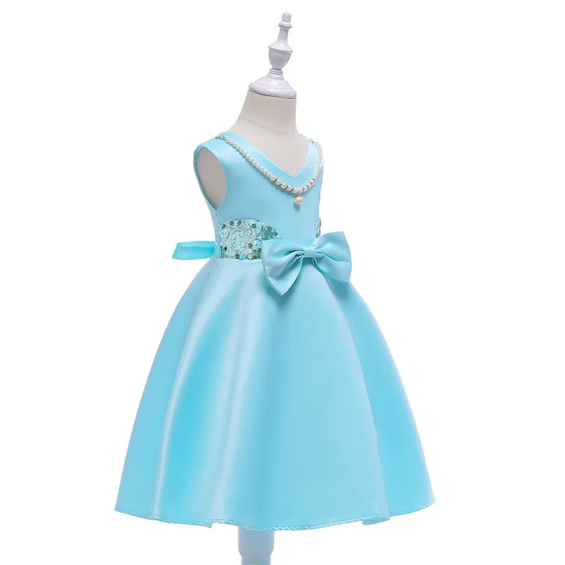 New Solid Sequined With Bow Girls Sleeveless Dresses Small& Middle Child Princess Dress Formal Wedding Dresses02