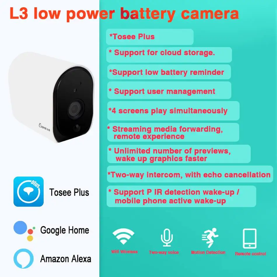 

HD 2MP Wifi Wireless Solar IP Camera PIR Motion Detection Security Mini Battery Camera Monitor for Google Home/Alexa/Tosee Plus