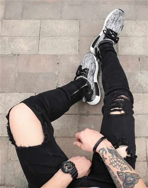 Новые осенние мужские рваные джинсы в стиле хип-хоп байкерские рваные джинсовые брюки мужские брюки для бега узкие джинсы с боковой молнией homme - Цвет: Черный