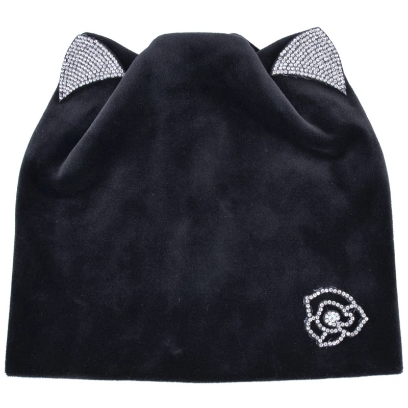 

Ladies Warm Velvet Skullies Cap With Flashing Rhinestone Autumn Winter Women's Beanies Cat Hat Ear Flaps Girls Cute Bonnet Touca