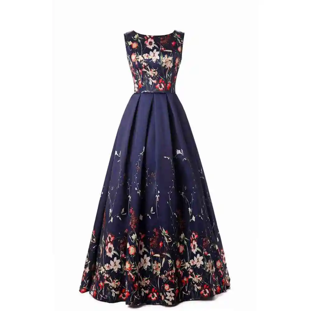 

Floral Print Evening Dress 2019 Crew A Line Lace-up Evening Gown Elegant Flower Sleeveless Evening Dress Long